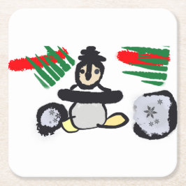 Posavasos Cuadrado De Papel Roca de pingüino Navidad 
