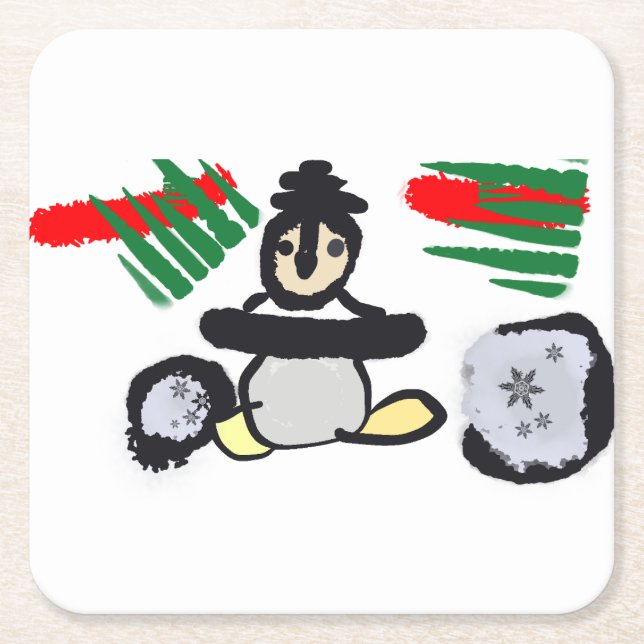 Posavasos Cuadrado De Papel Roca de pingüino Navidad  (Anverso)