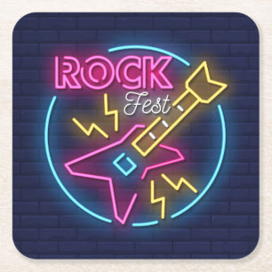 Posavasos Cuadrado De Papel Rock Fest Simulado Rótulo neón contra pared de lad