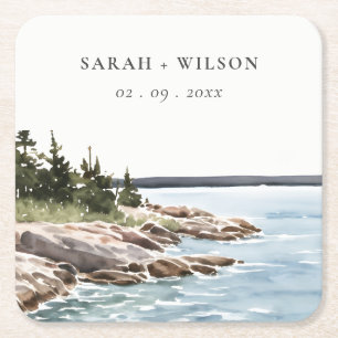 Posavasos Cuadrado De Papel Rocky Pine Watercolor Seascape Boda