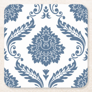 Posavasos Cuadrado De Papel Rococo Damask Patrón Grande Azul sobre Blanco