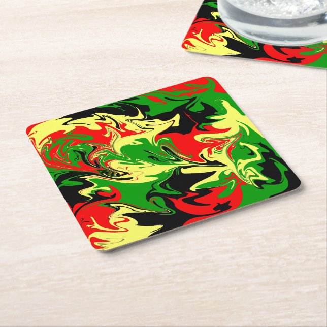 Posavasos Cuadrado De Papel Rojo, amarillo, negro y verde Swirls (En perspectiva)