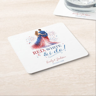 Posavasos Cuadrado De Papel Rojo Blanco y Yo Hago Boda Americana