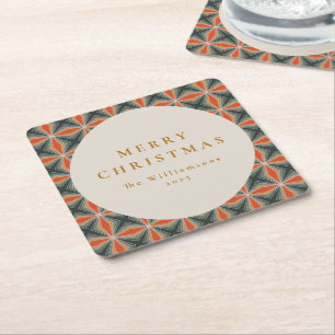 Posavasos Cuadrado De Papel Rojo de Navidad Verde Estrellas de mediados de sig