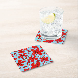 Posavasos Cuadrado De Papel Rojo floral