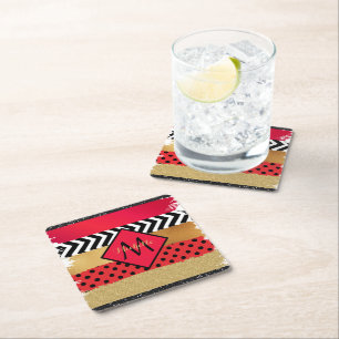 Posavasos Cuadrado De Papel Rojo Purpurina de oro negro broche de broca monogr