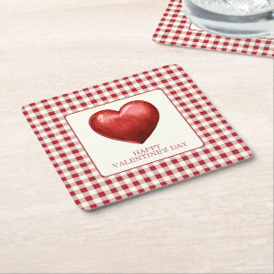 Posavasos Cuadrado De Papel Rojo vintage y Cream Gingham con corazón