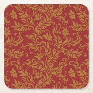 Posavasos Cuadrado De Papel Rojo y estampado de flores del oro