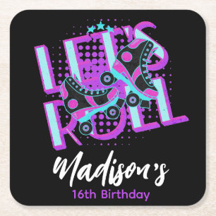 Posavasos Cuadrado De Papel Roller Skates Sweet 16 Theme Party