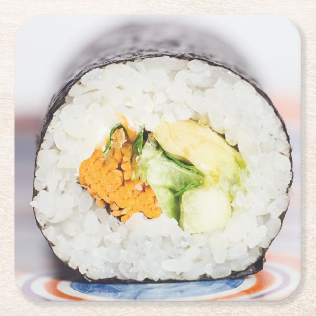 Posavasos Cuadrado De Papel Rollo de sushi Pescado y arroz (Anverso)