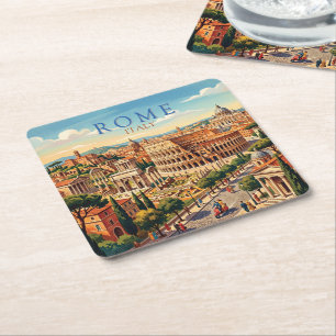 Posavasos Cuadrado De Papel Roma Italia Coliseo Viaje Arte Vintage