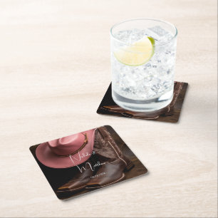 Posavasos Cuadrado De Papel Romance rústico: Boots de vaquero y Boda de Gorra 