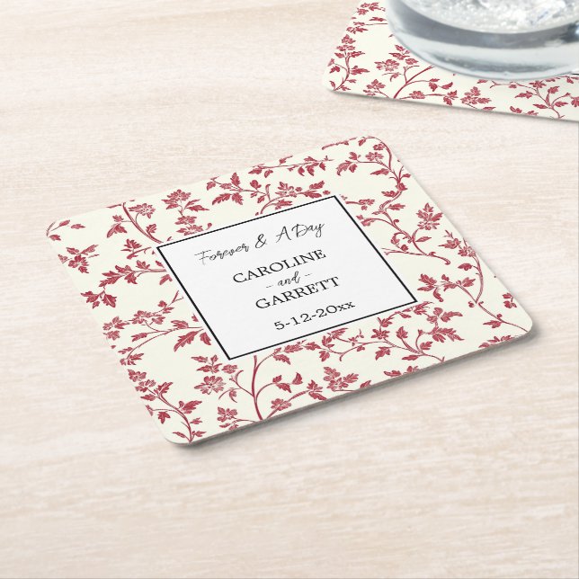 Posavasos Cuadrado De Papel Romantic Cream Red Leaves Wedding (En perspectiva)