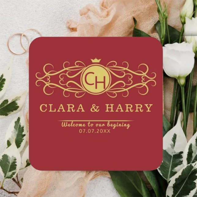 Posavasos Cuadrado De Papel Romantic gold red elegant calligraphy wedding  (Subido por el creador)
