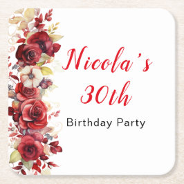 Posavasos Cuadrado De Papel Romantic Red Roses Floral Birthday Party