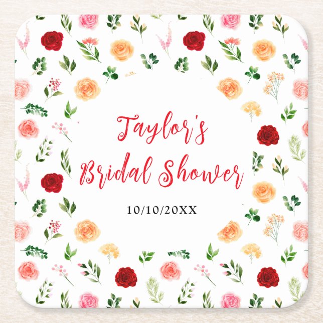 Posavasos Cuadrado De Papel Romantic Roses Floral Bridal Shower (Anverso)