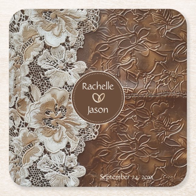 Posavasos Cuadrado De Papel Romántico cuero y encaje rústico occidental (Anverso)