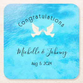 Posavasos Cuadrado De Papel Romántico - dos palomas con corazón rosado en azul