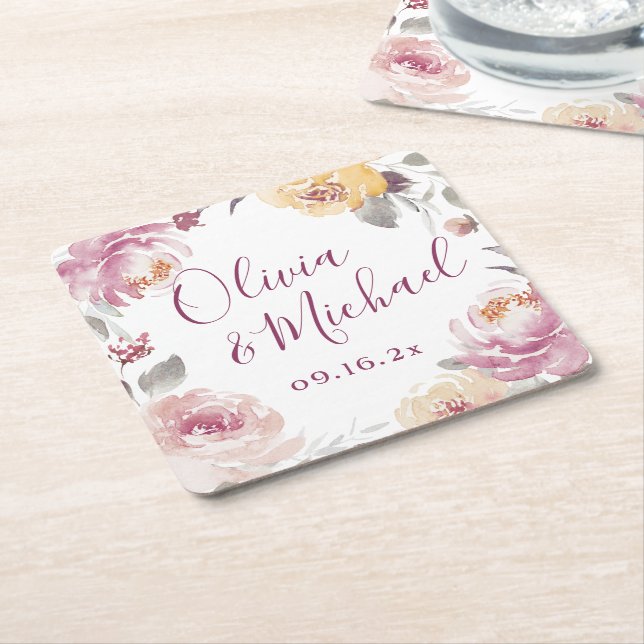 Posavasos Cuadrado De Papel Romántico jardín acuarela parejas florales nombres (En perspectiva)