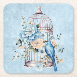 Posavasos Cuadrado De Papel Romántico Jaula de Pájaros Floral Acuarela Vintage