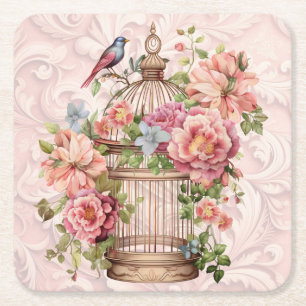 Posavasos Cuadrado De Papel Romántico Jaula de Pájaros Floral Acuarela Vintage