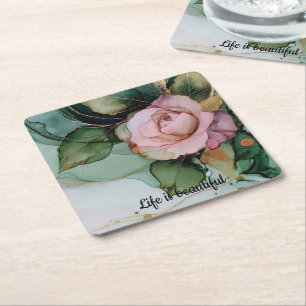 Posavasos Cuadrado De Papel Romántico rubor dorado rosa floral shower nupcial