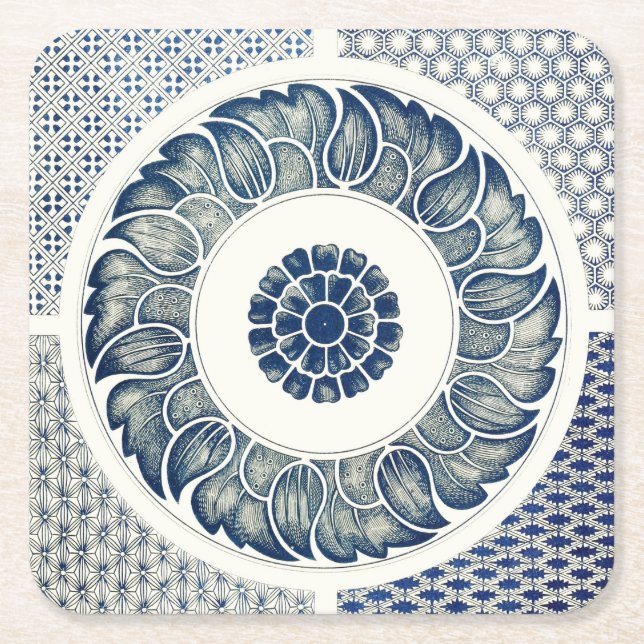 Posavasos Cuadrado De Papel Ronda azul blanca floral china (Anverso)