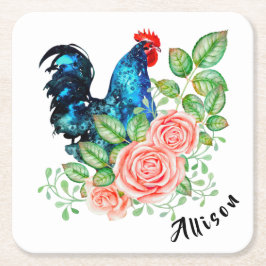 Posavasos Cuadrado De Papel Rooster con flores personalizado