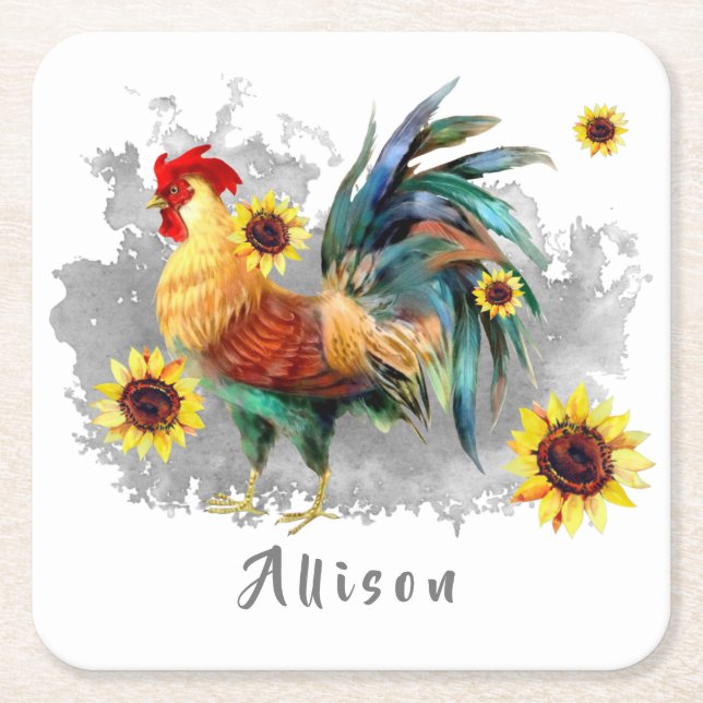 Posavasos Cuadrado De Papel Rooster con girasoles personalizado (Anverso)