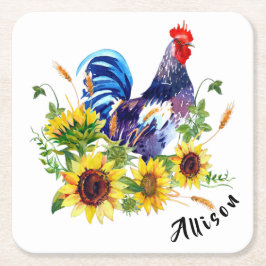Posavasos Cuadrado De Papel Rooster con girasoles personalizado