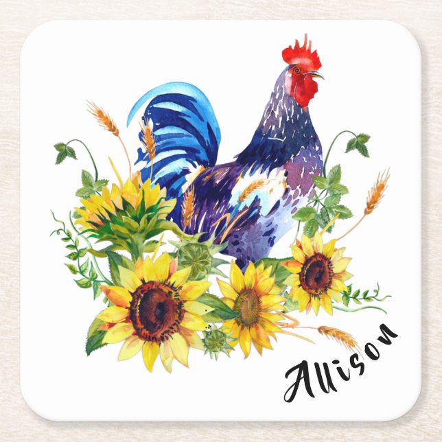 Posavasos Cuadrado De Papel Rooster con girasoles personalizado (Anverso)