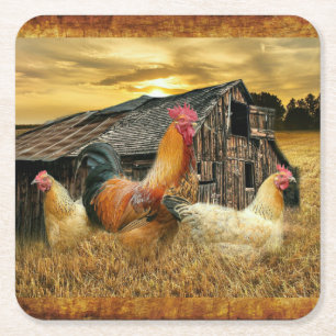 Posavasos Cuadrado De Papel Rooster Hens Rustic Barn Coop