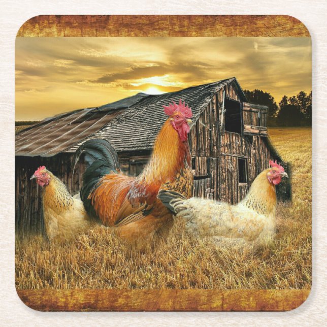 Posavasos Cuadrado De Papel Rooster Hens Rustic Barn Coop (Anverso)