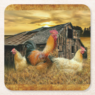 Posavasos Cuadrado De Papel Rooster Vintage Hens Rustic Barn Coop