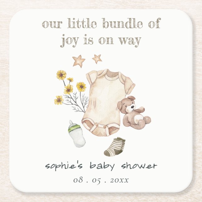 Posavasos Cuadrado De Papel Ropa de bebé verde Boho Género Baby Shower neutral (Anverso)
