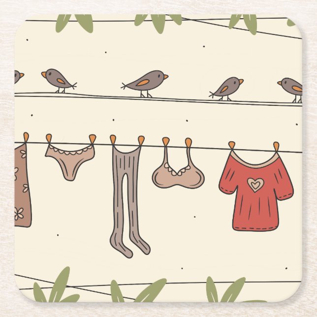 Posavasos Cuadrado De Papel Ropa en el patio (Anverso)