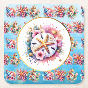 Posavasos Cuadrado De Papel Rosa, azul y dorado dólar de arena costero playero