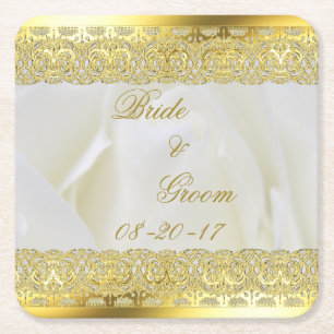 Posavasos Cuadrado De Papel Rosa blanca elegante con encaje dorado