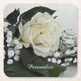 Posavasos Cuadrado De Papel Rosa Blanca Romántica y Elegante Personalizable