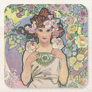 Posavasos Cuadrado De Papel Rosa (Cuatro Flores), Alphonse Mucha