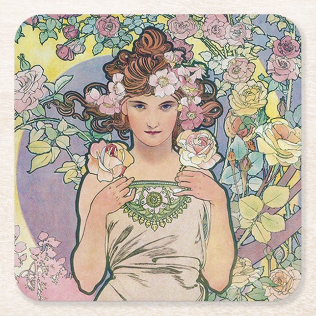 Posavasos Cuadrado De Papel Rosa (Cuatro Flores), Alphonse Mucha (Anverso)