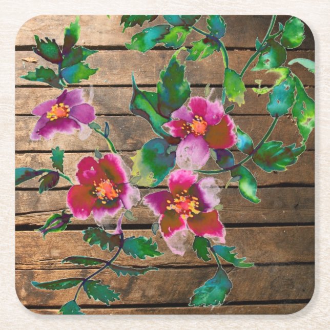 Posavasos Cuadrado De Papel Rosa de época - tablones de madera (Anverso)