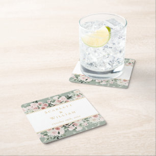 Posavasos Cuadrado De Papel Rosa Dusty Floral Gold Sage Boda Vintage Verde