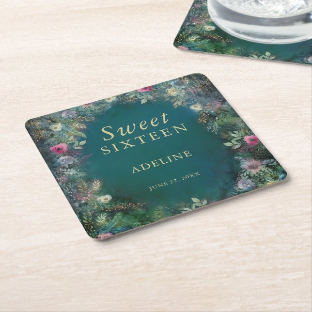 Posavasos Cuadrado De Papel Rosa forestal encantado vegetación de hadas de mad (En perspectiva)