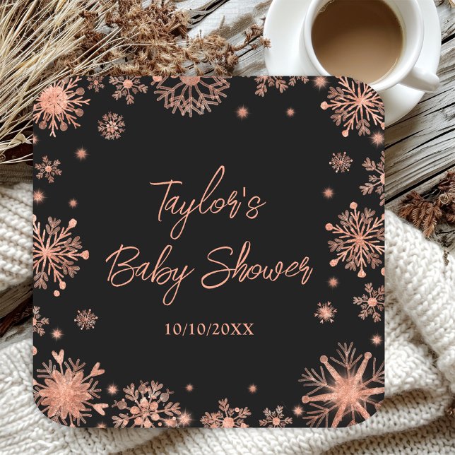 Posavasos Cuadrado De Papel Rosa Gold Snowflakes Baby Shower (Subido por el creador)