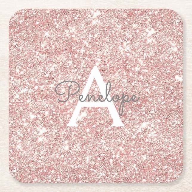 Posavasos Cuadrado De Papel Rosa Oro Glitter Brillo Monograma Femenina (Anverso)