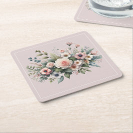 Posavasos Cuadrado De Papel Rosa Polvorienta Floral Acuarela Botánica para Bod