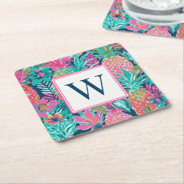 Posavasos Cuadrado De Papel Rosa Preparado Azul Teal Azul Marino Piña Monogram