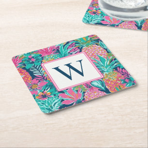 Posavasos Cuadrado De Papel Rosa Preparado Azul Teal Azul Marino Piña Monogram