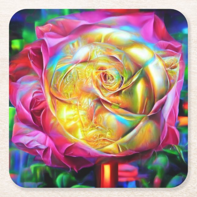 Posavasos Cuadrado De Papel Rosa psicodélico arcoiris (Anverso)